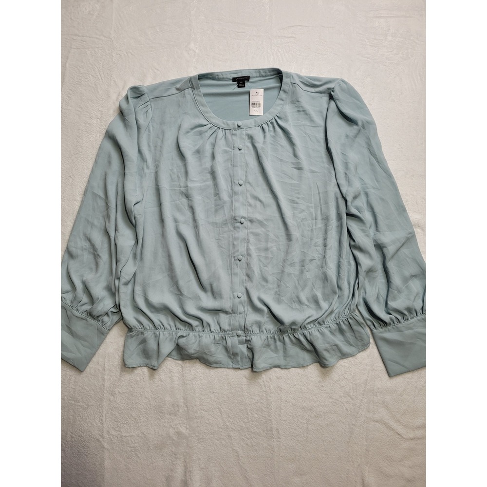 NWT Ann Taylor Blouse Women XXL Sage Green Button Front Ruffle Hem Long Sleeve